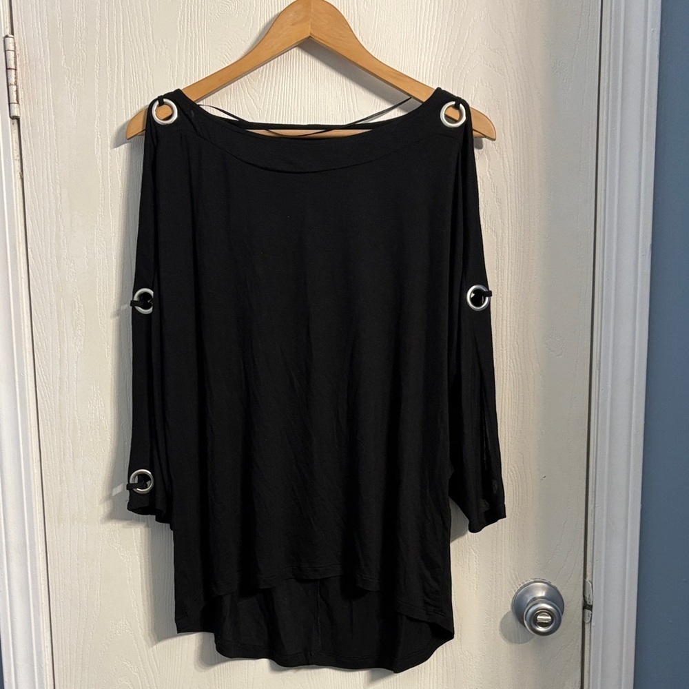 Elegant Black Cold Shoulder Blouse with Metal Accents